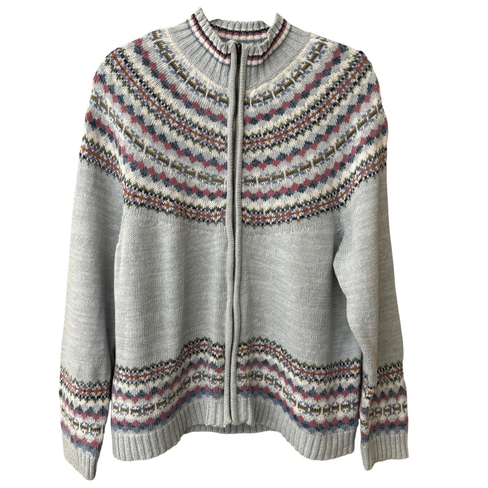 Vtg Casual Corner Women Fair Isle Zip Up Cardigan Cottage Cotton Ramie Size M